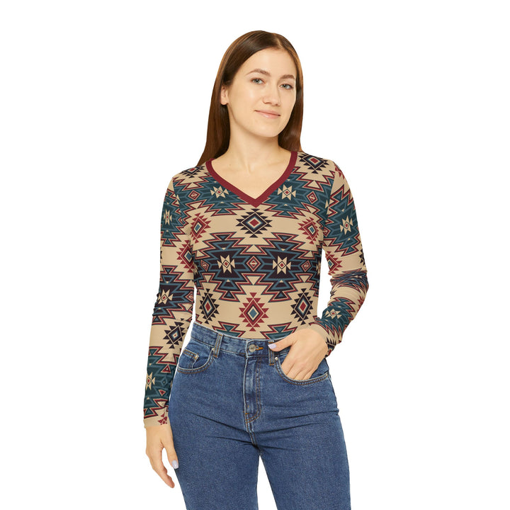 Tribal Indian Tan - Women's Long Sleeve V-neck Shirt (AOP)