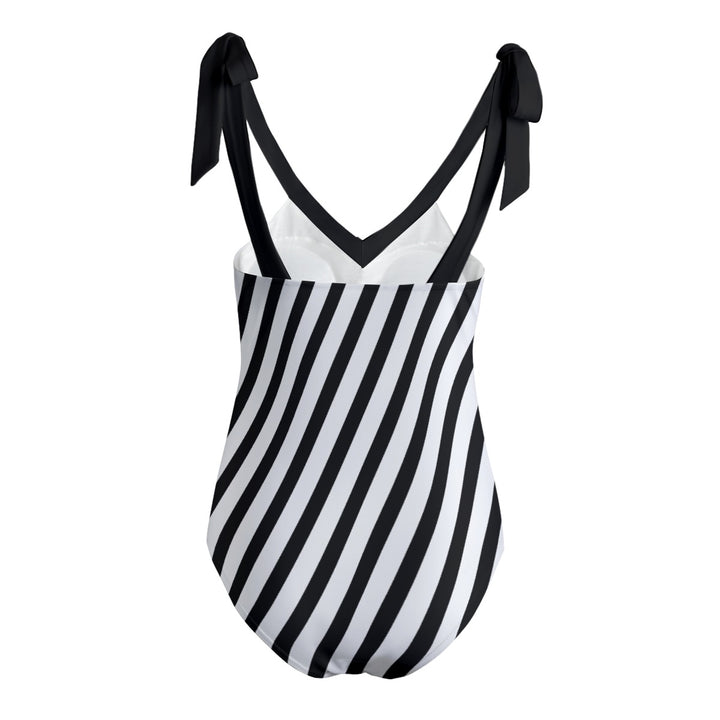 Black & White Stripe - All-Over Print Women's Tie Shoulder Onepiece Padded Swimsuit