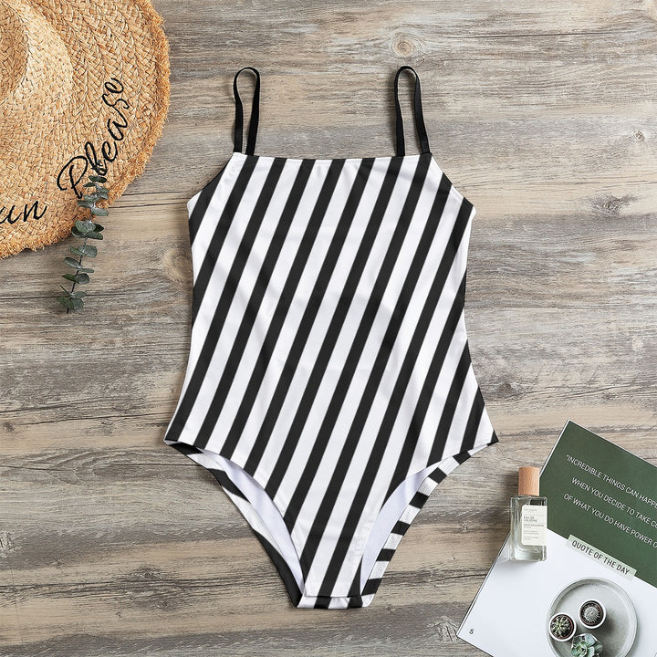 Black & White Stripe - All-Over Print Women's Halter Strap Swimsuit