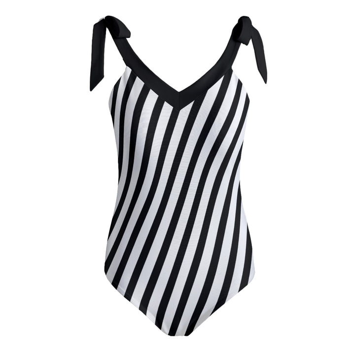 Black & White Stripe - All-Over Print Women's Tie Shoulder Onepiece Padded Swimsuit