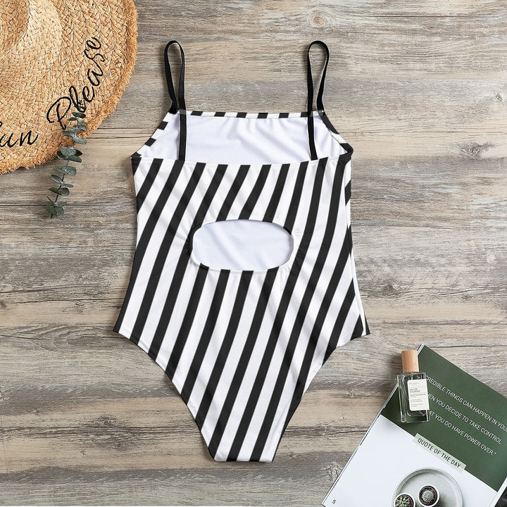 Black & White Stripe - All-Over Print Women's Halter Strap Swimsuit