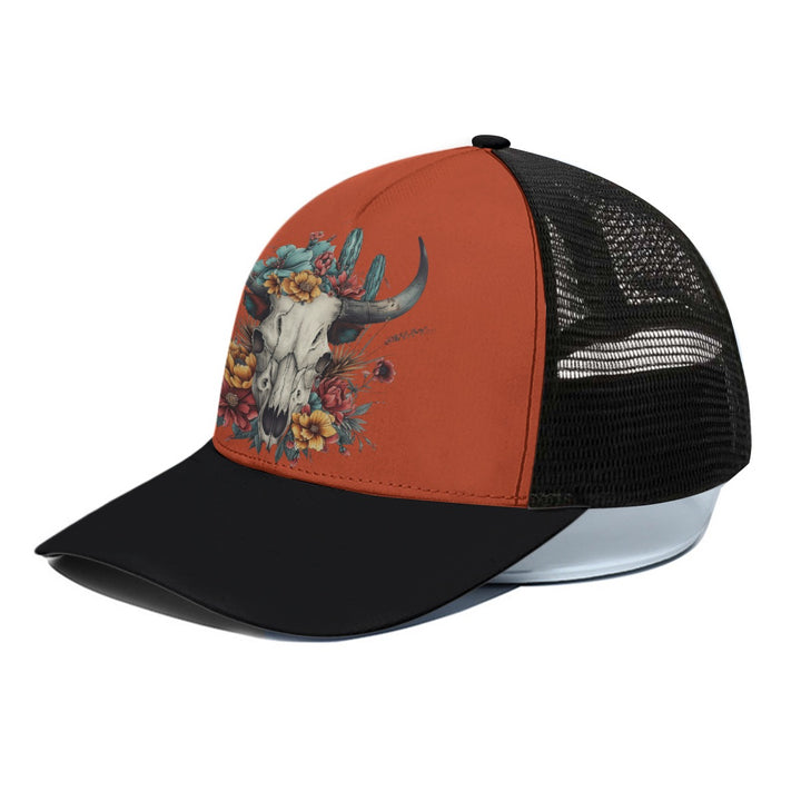 Bright And Flowery Skull - Unisex Trucker Hat With Black Half-mesh