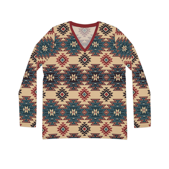 Tribal Indian Tan - Women's Long Sleeve V-neck Shirt (AOP)