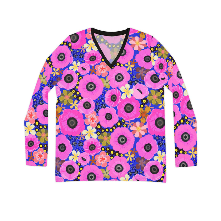 Vibrant Pink Spring Pattern - Women's Long Sleeve V-neck Shirt (AOP)