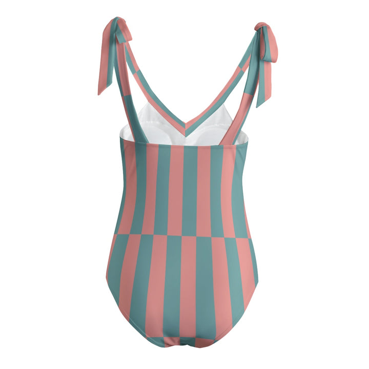 Peach Grid - All-Over Print Women's Tie Shoulder Onepiece Padded Swimsuit