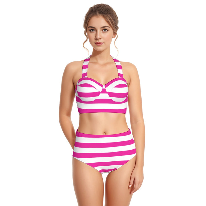 Pink & White Stripe - All-Over Print Women's Swimsuit Set With Halter