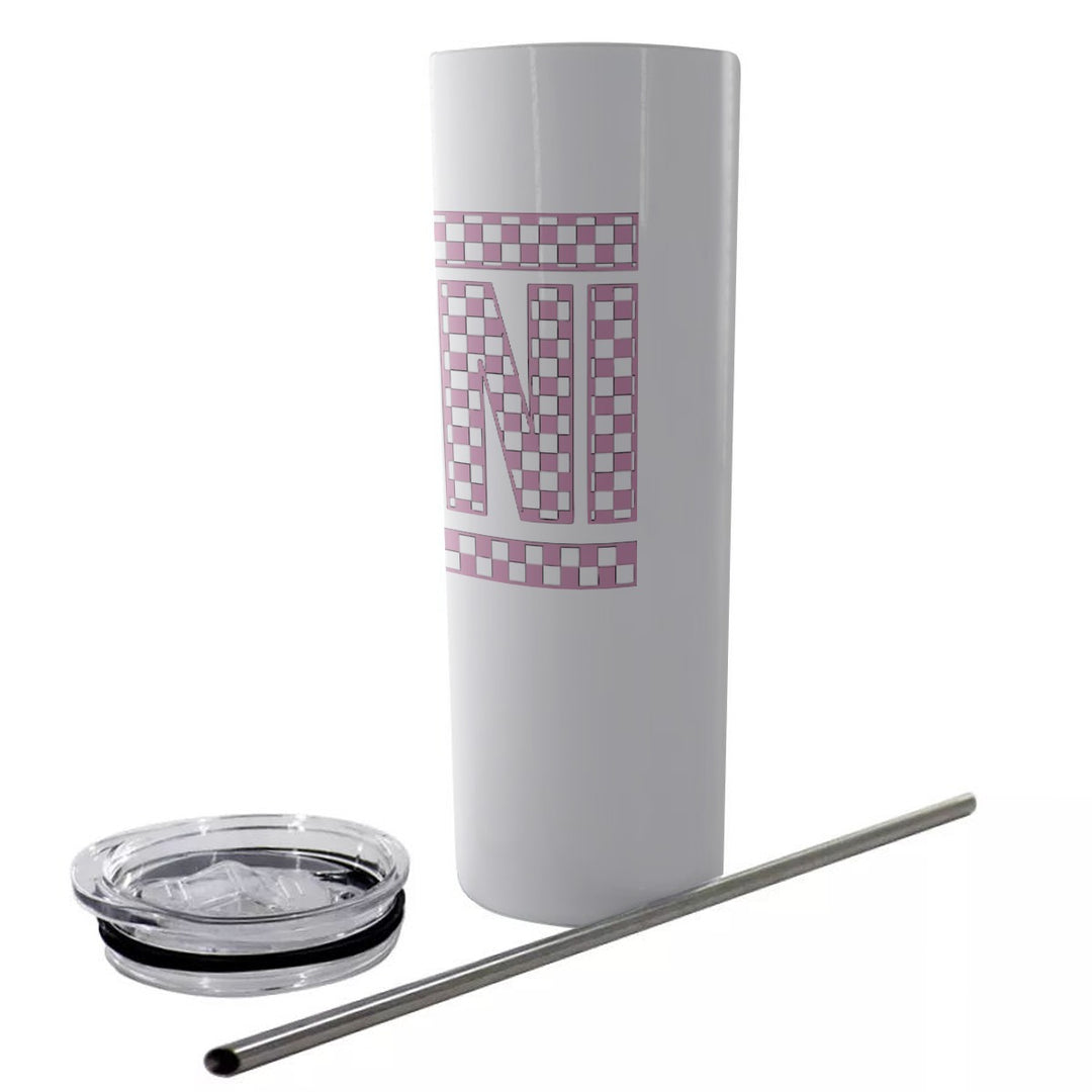 Pink Check Mini - Glitter Tumbler With Stainless Steel Straw 20oz