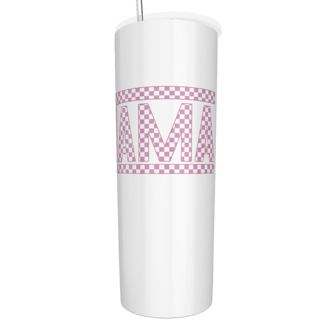 Pink Check Mama - Glitter Tumbler With Stainless Steel Straw 20oz