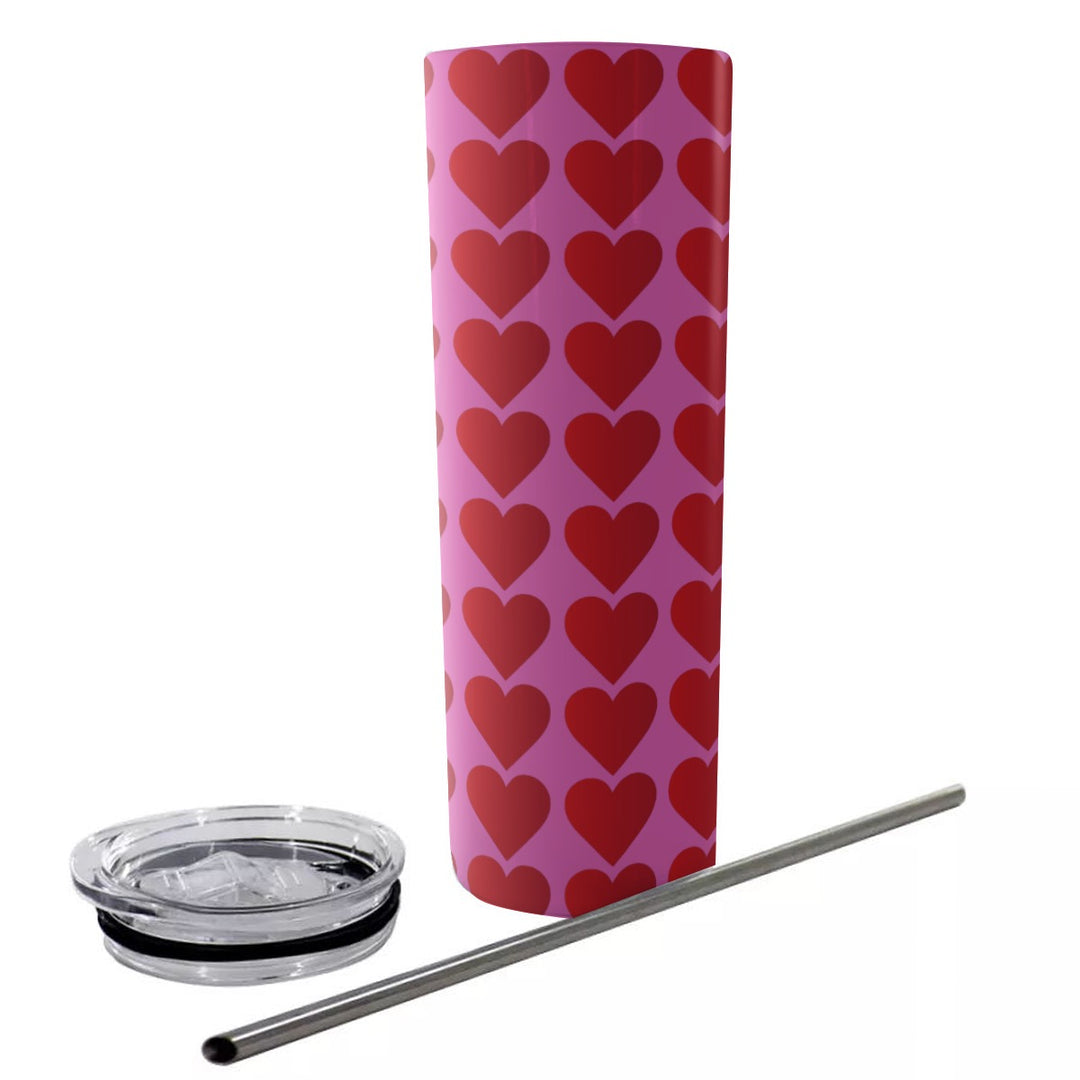Red Valentine Hearts - Glitter Tumbler With Stainless Steel Straw 20oz