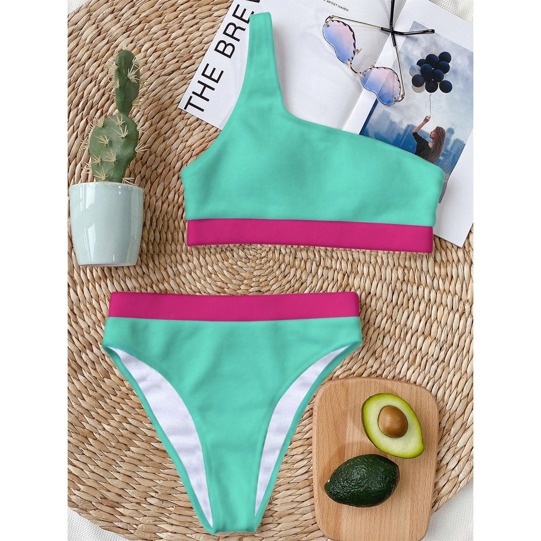 Teal & Pink - All-Over Print Women's Bikini With Single Shoulder