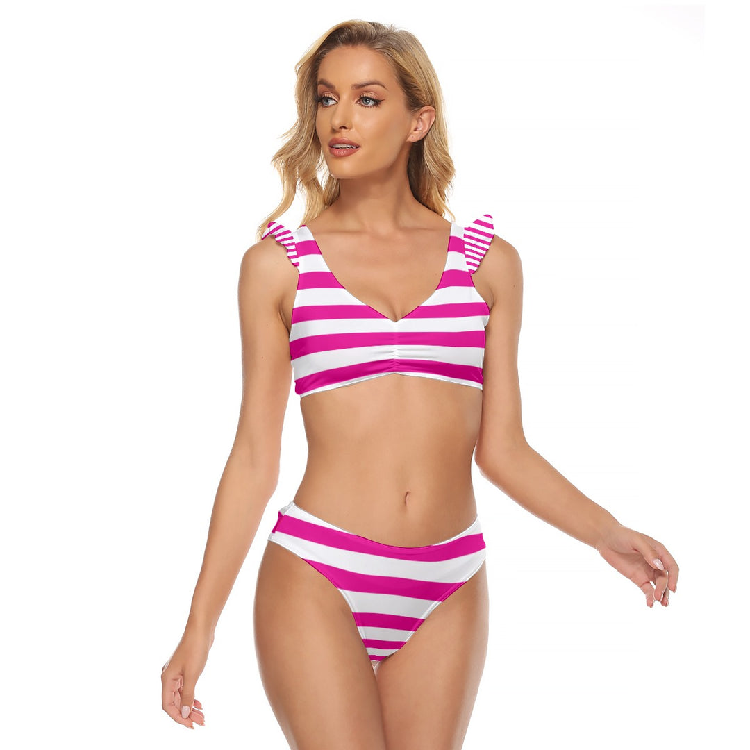 Pink & White Stripe - All-Over Print Women's Bikini Swimsuit With Ruffle Cuff Bra