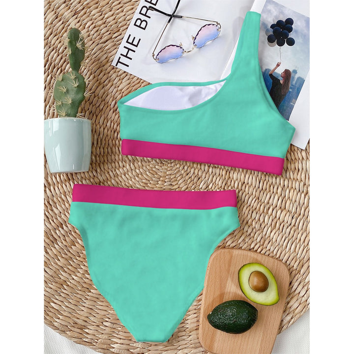 Teal & Pink - All-Over Print Women's Bikini With Single Shoulder