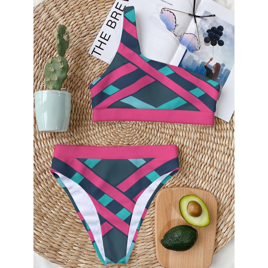 Pink & Teal Abstract - All-Over Print Women's Bikini With Single Shoulder