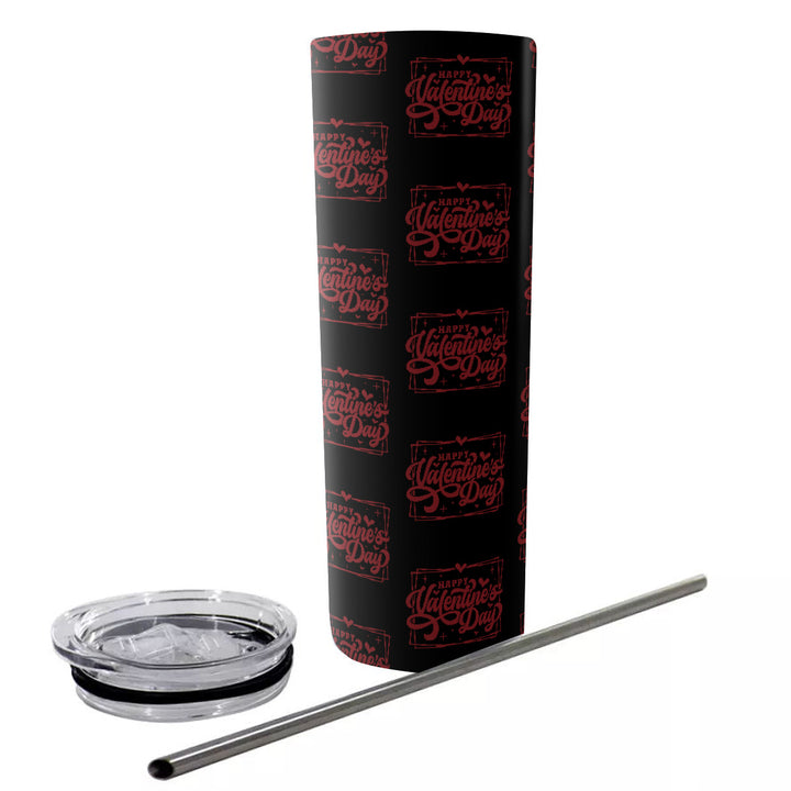 Happy Valentine's Day W/Hearts - Glitter Tumbler With Stainless Steel Straw 20oz