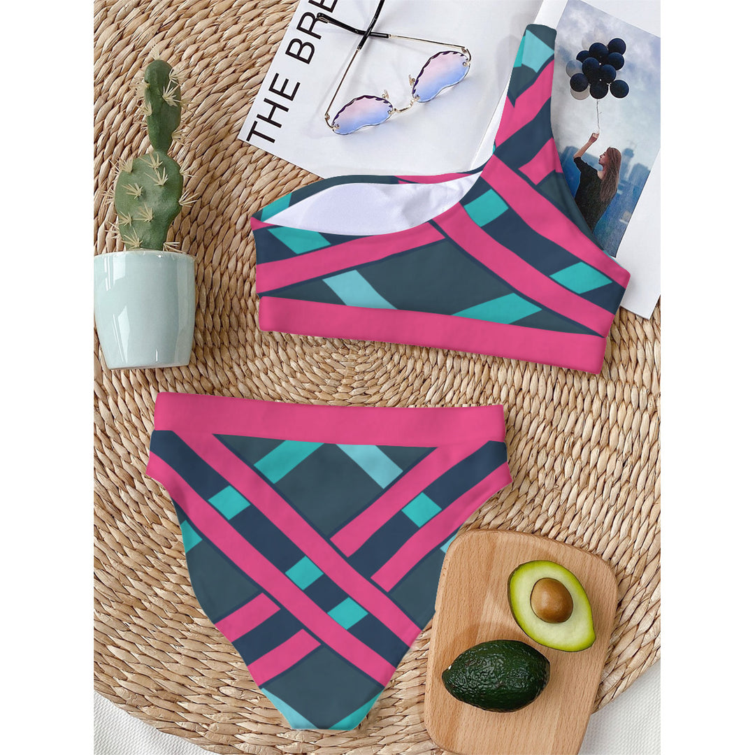 Pink & Teal Abstract - All-Over Print Women's Bikini With Single Shoulder