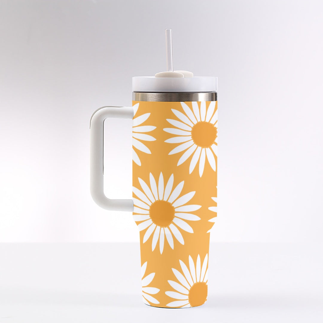 Yellow Sunflower Pattern - 40 oz Tumbler With Handle