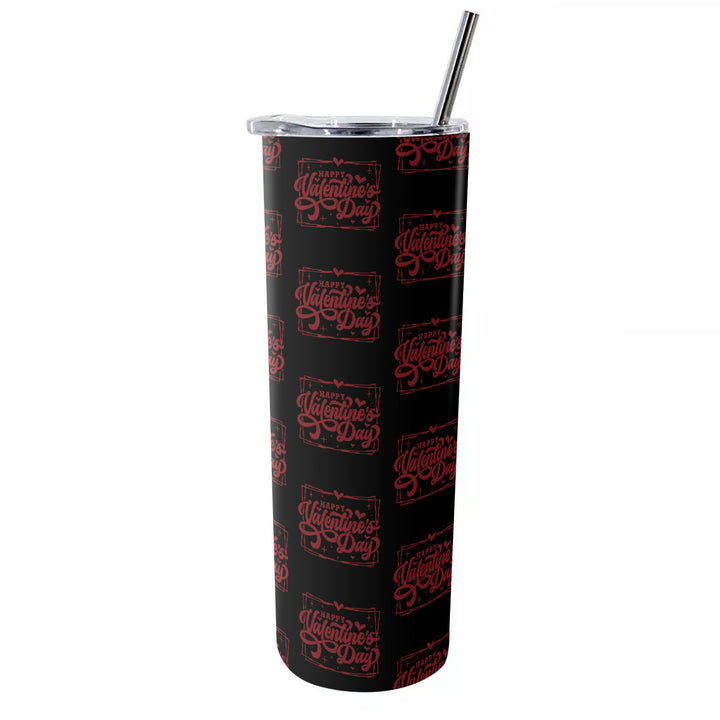 Happy Valentine's Day W/Hearts - Glitter Tumbler With Stainless Steel Straw 20oz
