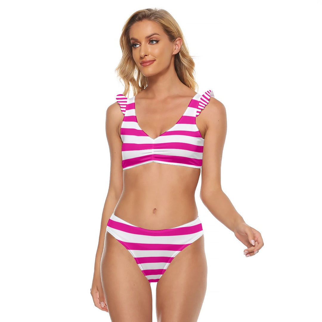 Pink & White Stripe - All-Over Print Women's Bikini Swimsuit With Ruffle Cuff Bra