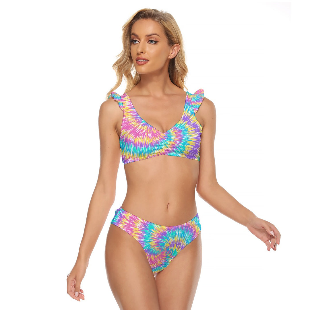 Pink & Blue Tie Dye - All-Over Print Women's Bikini Swimsuit With Ruffle Cuff Bra