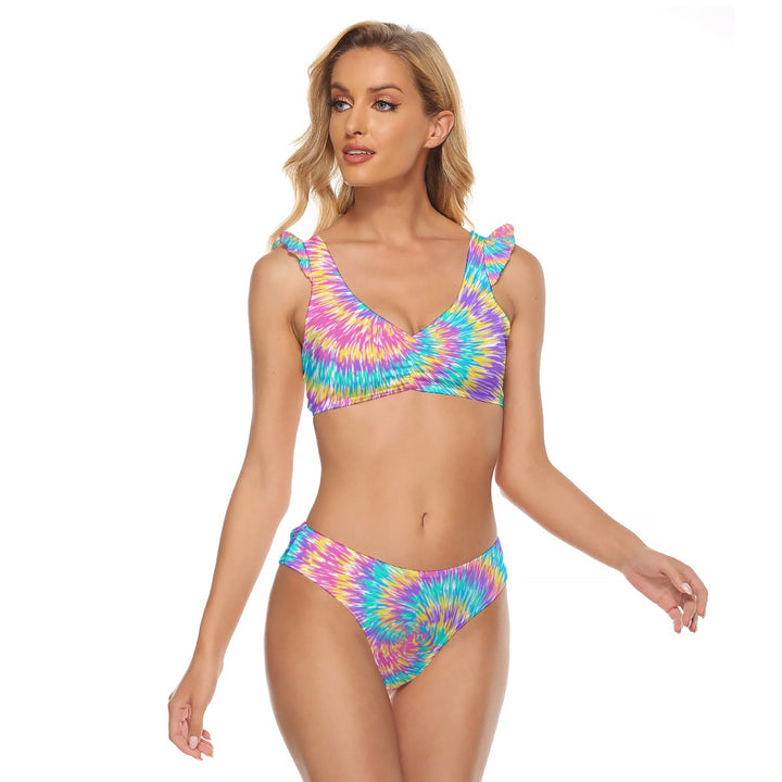 Pink & Blue Tie Dye - All-Over Print Women's Bikini Swimsuit With Ruffle Cuff Bra