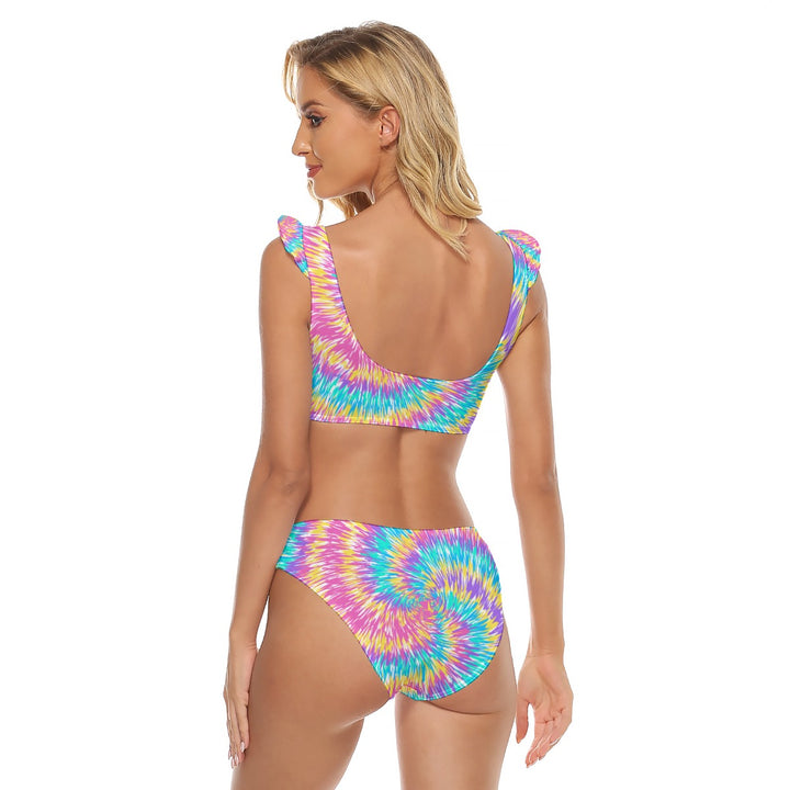Pink & Blue Tie Dye - All-Over Print Women's Bikini Swimsuit With Ruffle Cuff Bra