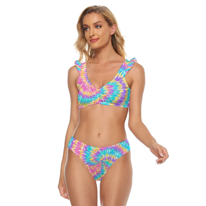 Pink & Blue Tie Dye - All-Over Print Women's Bikini Swimsuit With Ruffle Cuff Bra
