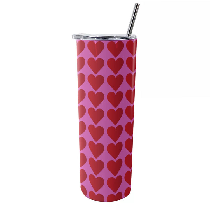 Red Valentine Hearts - Glitter Tumbler With Stainless Steel Straw 20oz