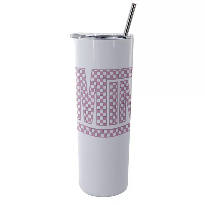 Pink Check Mini - Glitter Tumbler With Stainless Steel Straw 20oz