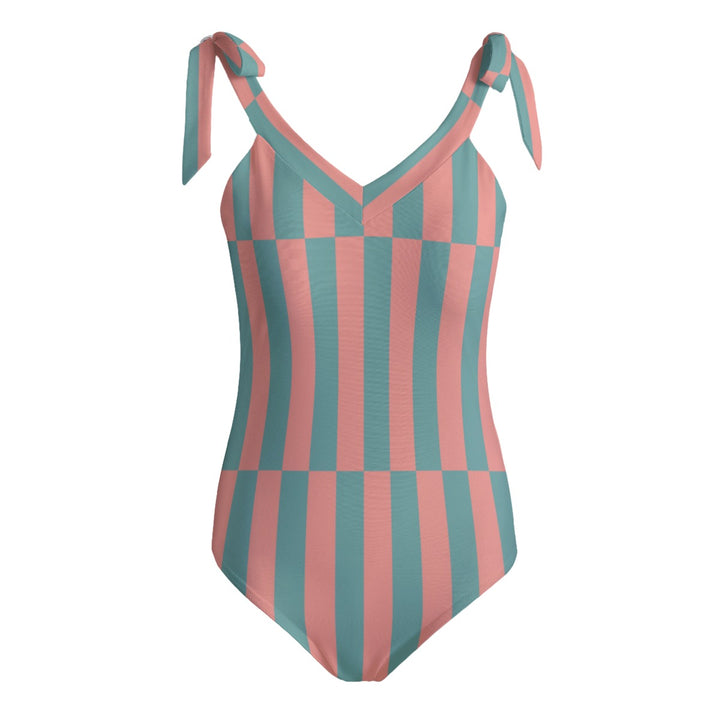 Peach Grid - All-Over Print Women's Tie Shoulder Onepiece Padded Swimsuit