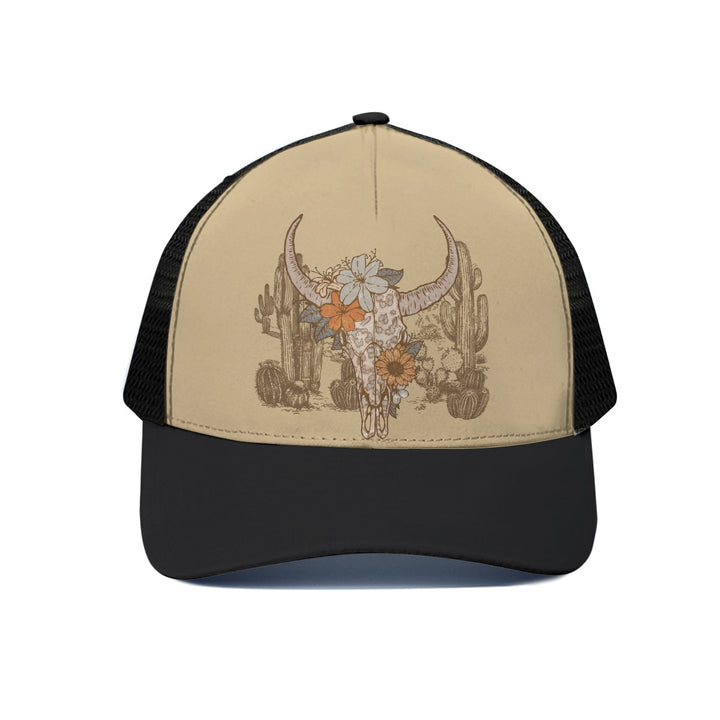 Flowery Leopard Skull - Unisex Trucker Hat With Black Half-mesh