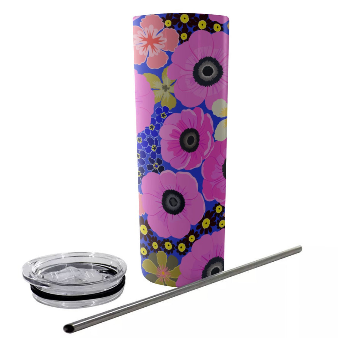 Vibrant Pink Spring Pattern - Glitter Tumbler With Stainless Steel Straw 20oz