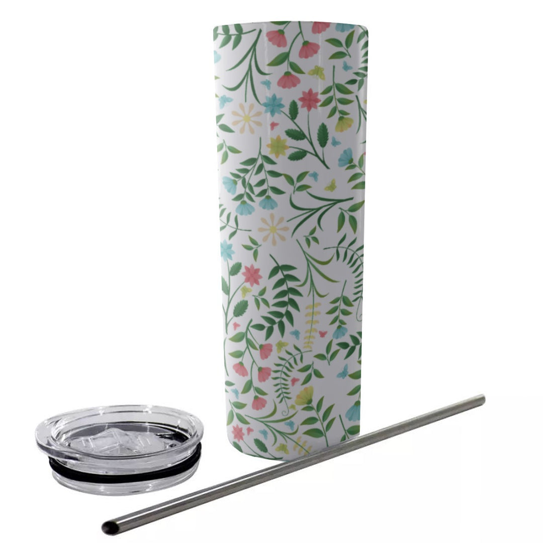 Spring Flowers - Glitter Tumbler With Stainless Steel Straw 20oz