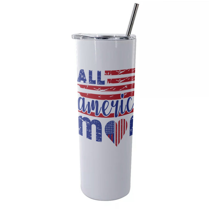 All American Mom - Glitter Tumbler With Stainless Steel Straw 20oz