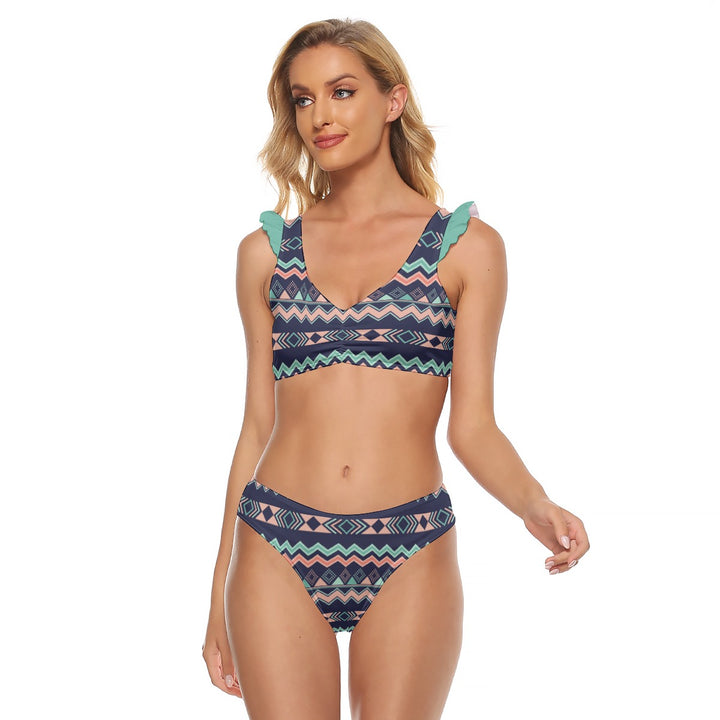 Peach Aztec Chevron - All-Over Print Women's Bikini Swimsuit With Ruffle Cuff Bra