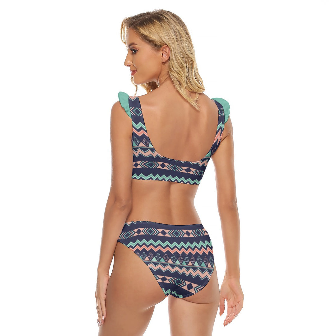 Peach Aztec Chevron - All-Over Print Women's Bikini Swimsuit With Ruffle Cuff Bra