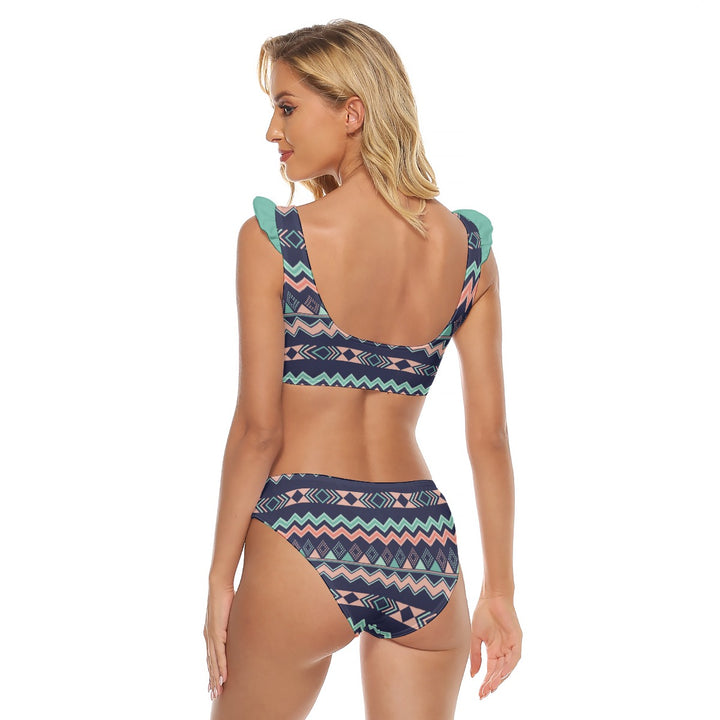 Peach Aztec Chevron - All-Over Print Women's Bikini Swimsuit With Ruffle Cuff Bra