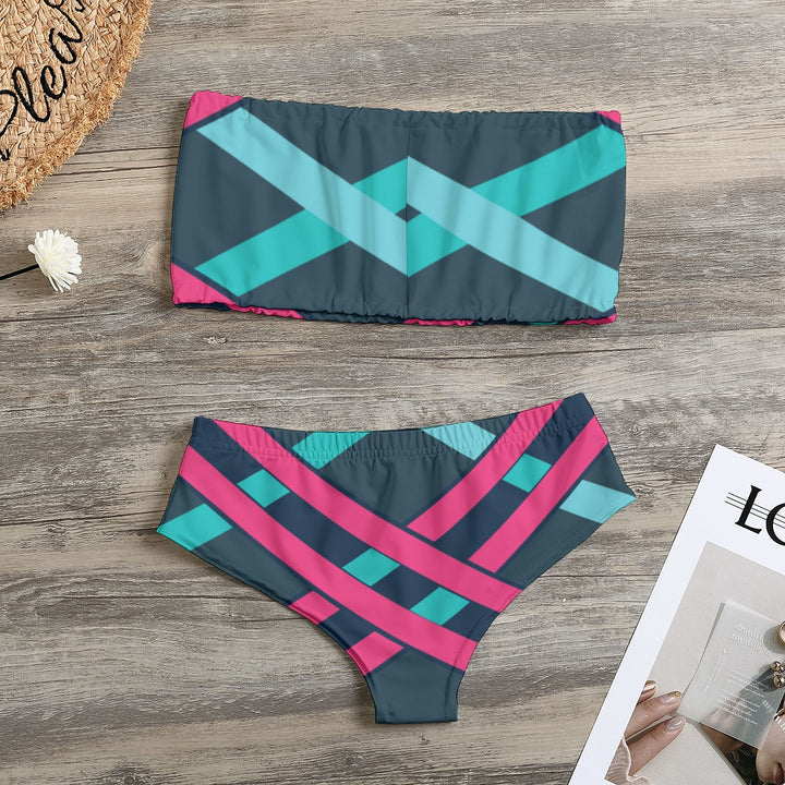 Pink And Teal Abstract - All-Over Print Women's Strapless Bikini Swimsuit