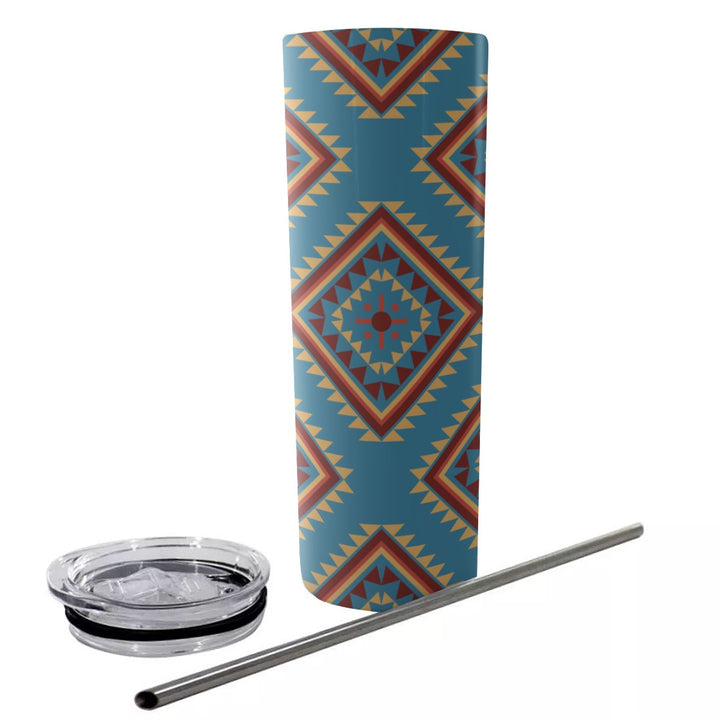 Navajo Vintage Blue - Glitter Tumbler With Stainless Steel Straw 20oz