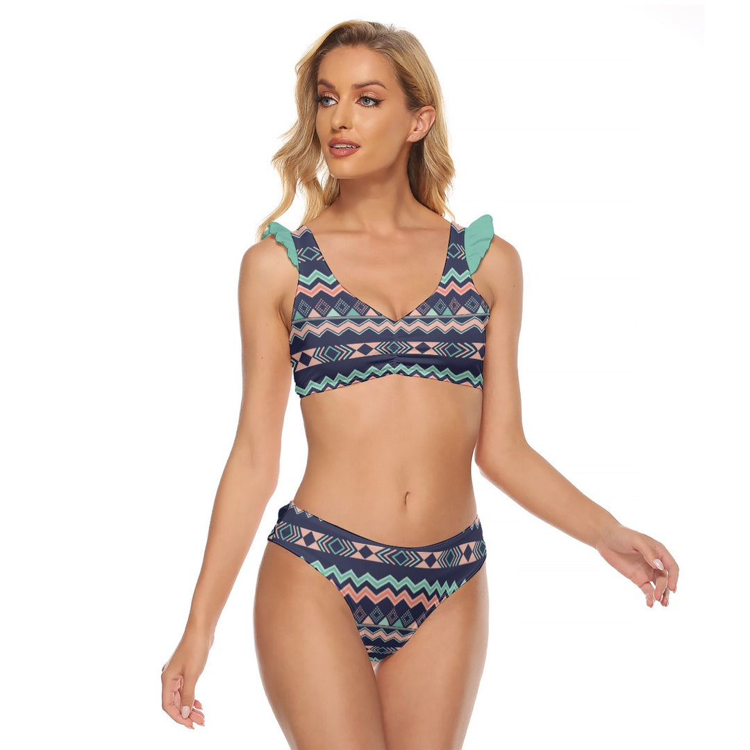 Peach Aztec Chevron - All-Over Print Women's Bikini Swimsuit With Ruffle Cuff Bra