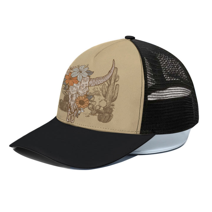 Flowery Leopard Skull - Unisex Trucker Hat With Black Half-mesh