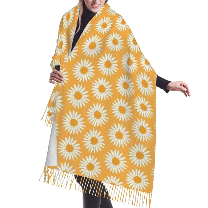 Yellow Sunflower Pattern - Warm Fringed Scarf for Women (Horizontal)