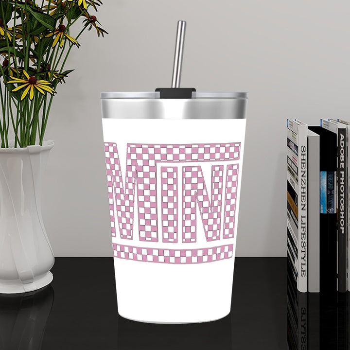 Pink Check Mini - Stainless Steel Water Bottle With Straw (12oz)