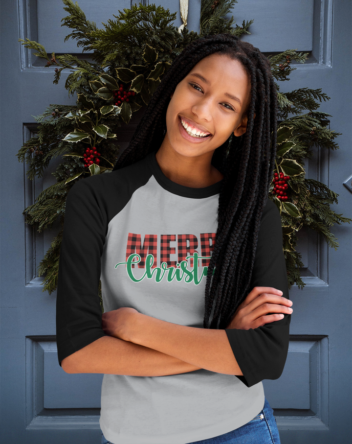 Merry Christmas Buffalo Plaid - 3/4 sleeve raglan shirt