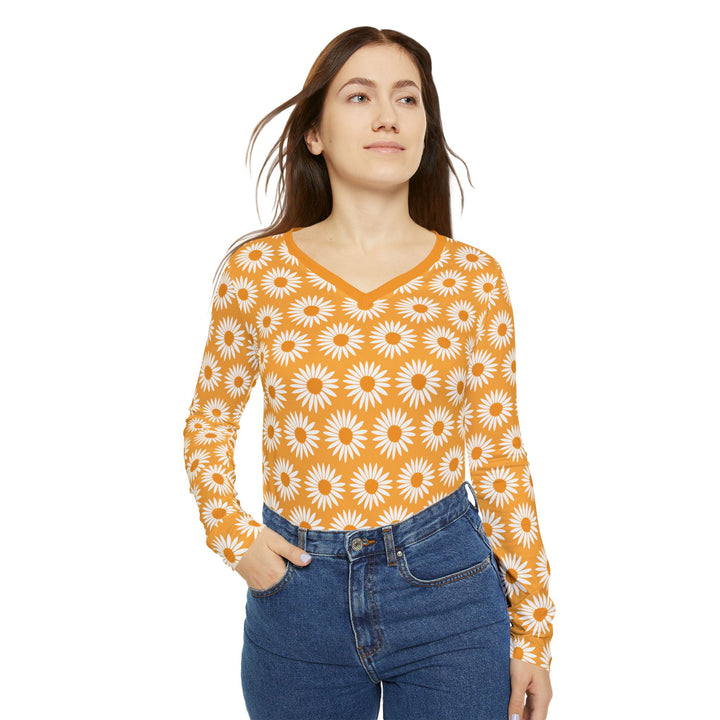 Yellow Sunflower Print - Women's Long Sleeve V-neck Shirt (AOP)