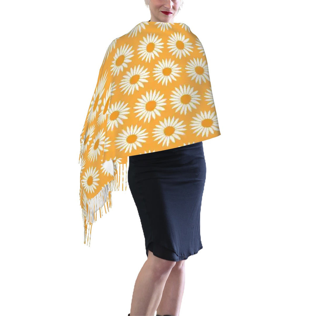 Yellow Sunflower Pattern - Warm Fringed Scarf for Women (Horizontal)