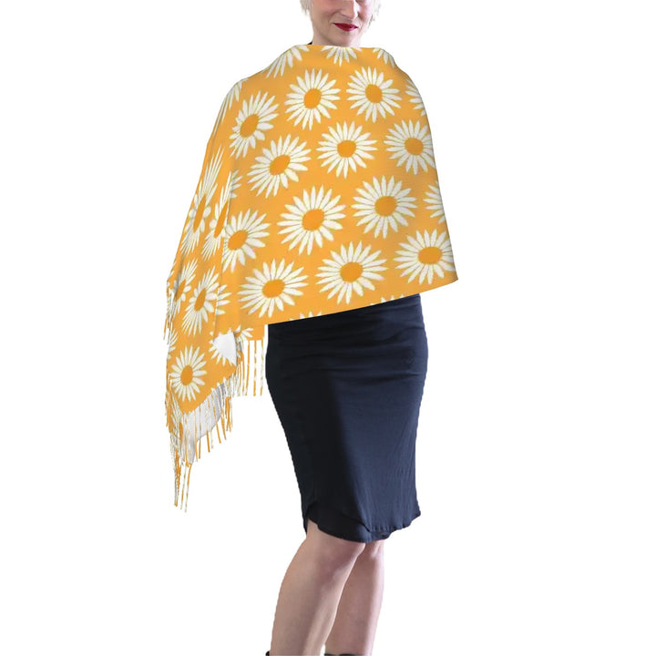 Yellow Sunflower Pattern - Warm Fringed Scarf for Women (Horizontal)