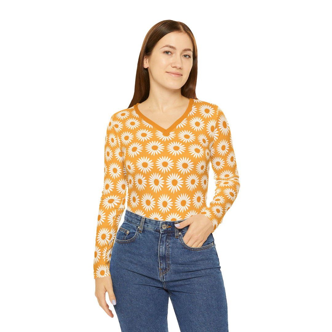 Yellow Sunflower Print - Women's Long Sleeve V-neck Shirt (AOP)