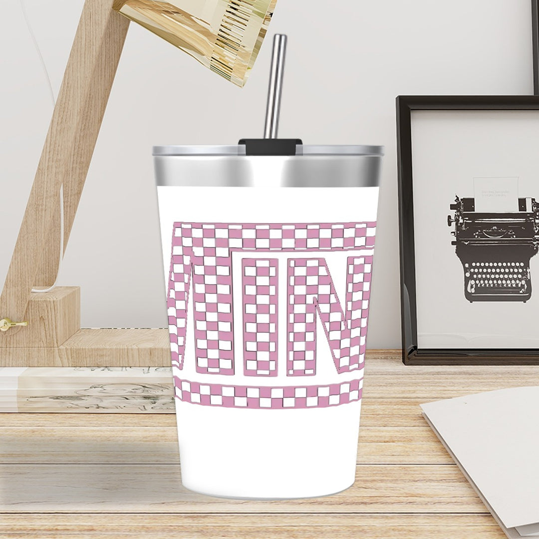 Pink Check Mini - Stainless Steel Water Bottle With Straw (12oz)