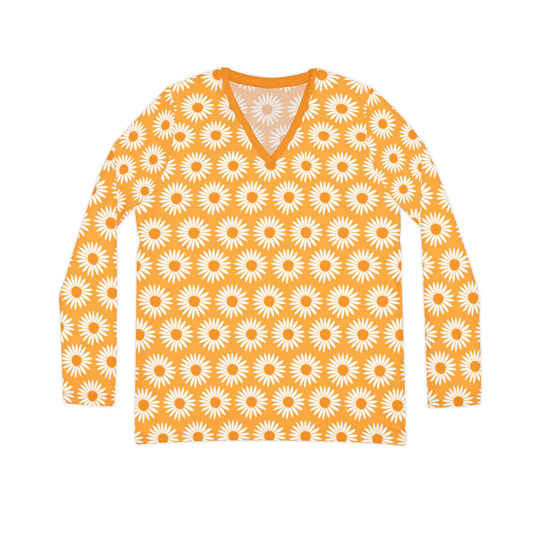 Yellow Sunflower Print - Women's Long Sleeve V-neck Shirt (AOP)