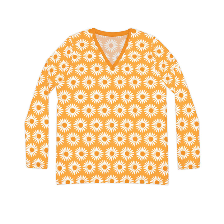 Yellow Sunflower Print - Women's Long Sleeve V-neck Shirt (AOP)